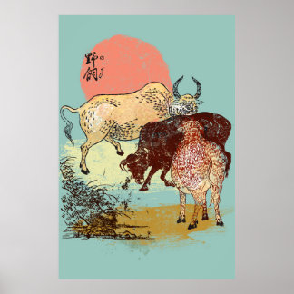 Poster Boho water buffalos, illustration de style asiatiq