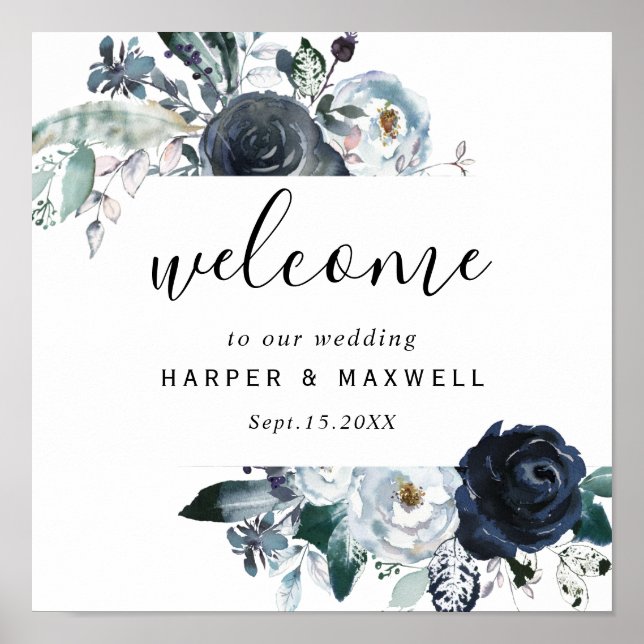Poster Boho White Navy Peony Aquarelle Mariage Bienvenue (Devant)