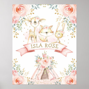 Poster Boho Woodland Animal Blush Floral Monogram Nursery