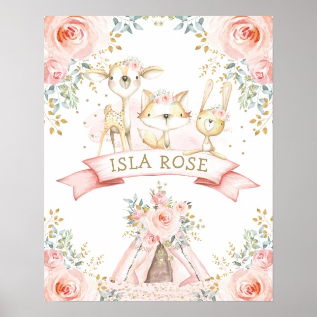 Poster Boho Woodland Animal Blush Floral Monogram Nursery (Devant)