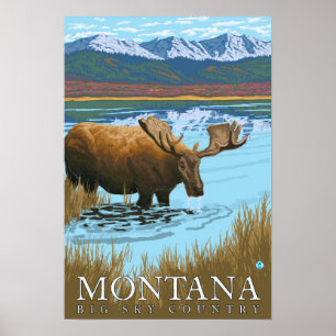 Poster Boire de l'orignal au lac - Montana