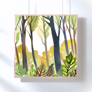 Poster Bois à l'aquarelle   Peinture de forêt verte de la