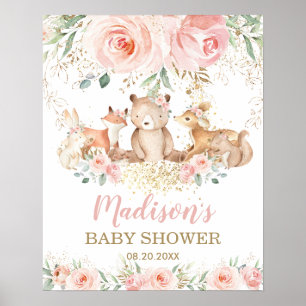 Poster Bois Animaux Baby shower rose Floral Bienvenue
