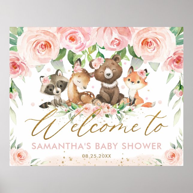 Poster Bois Animaux Baby shower rose Floral Bienvenue (Devant)