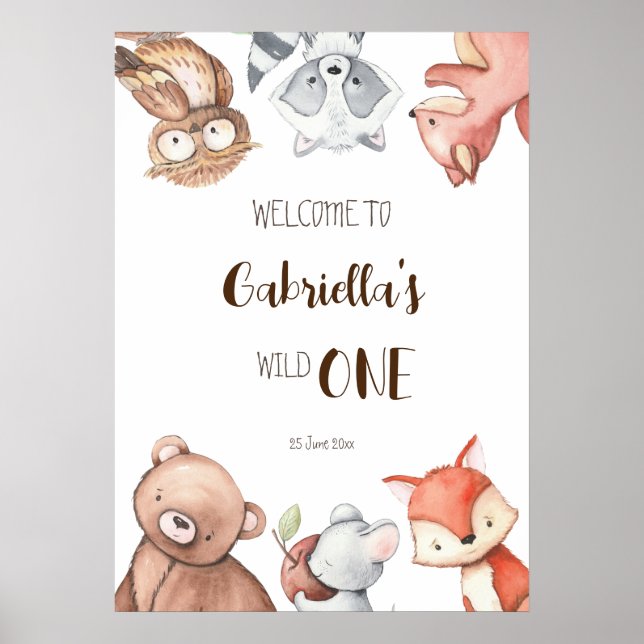 Poster Bois animaux de la forêt signe d'anniversaire (Devant)
