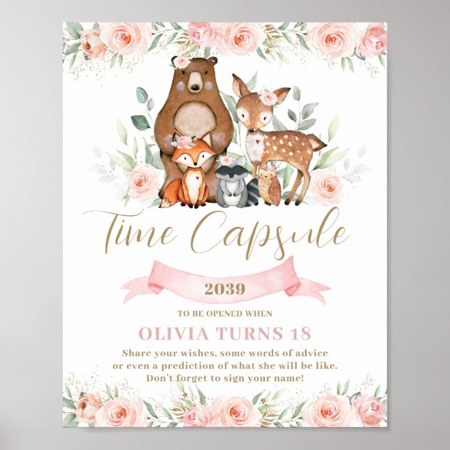 Poster Bois Animaux rose Floral Anniversaire Temps Capsul (Devant)