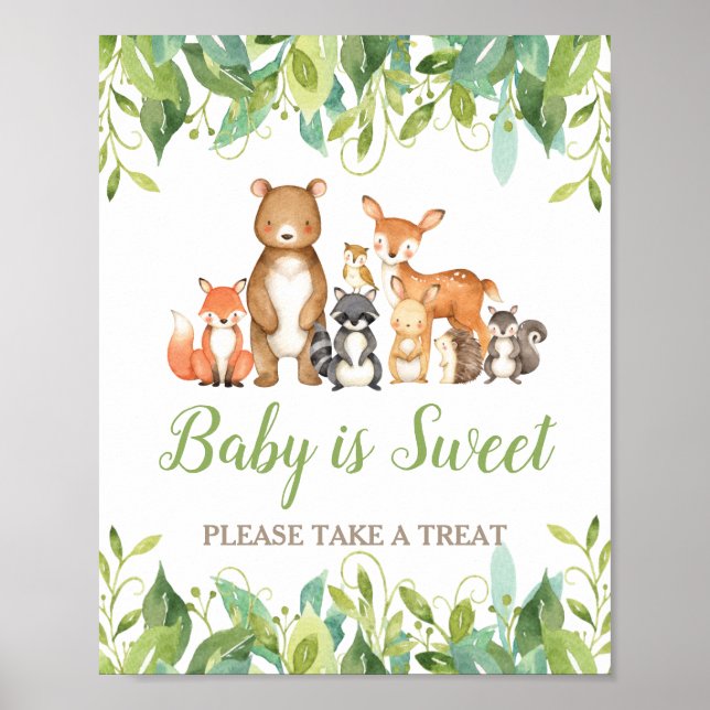 Poster Bois Animaux Végétation Baby shower doux Traiteur (Devant)