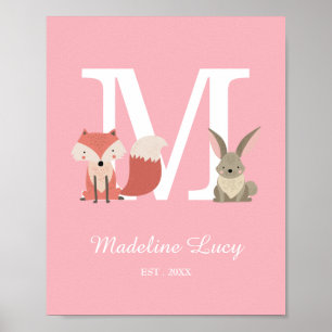 Poster Bois bébé Monogramme initial Pink Nursery