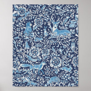 Poster Bois Bleu Bleu Blanc Forêt Renard Lapin Oiseau