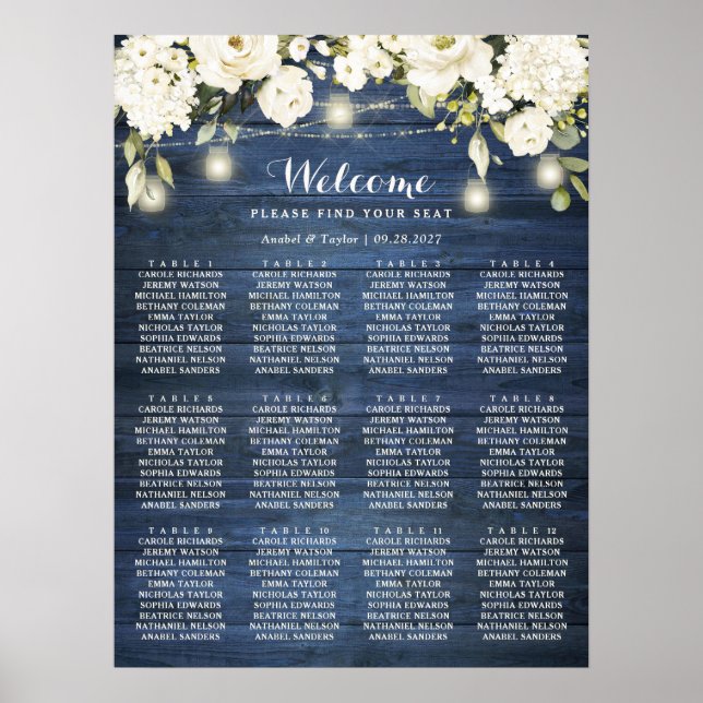 Poster Bois bleu rustique Blanc Floral Plan Plan (Devant)