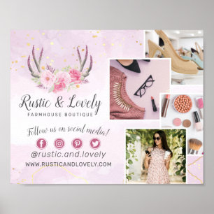 Poster Bois de cerf floral en marbre rose or pour marketi