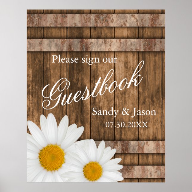 Poster Bois de grange rustique avec marguerites - Signe (Devant)