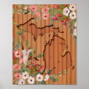 Poster Bois de pin Floral du Michigan sculpté