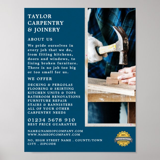 Poster Bois et marteau, menuiserie, charpentier (Devant)