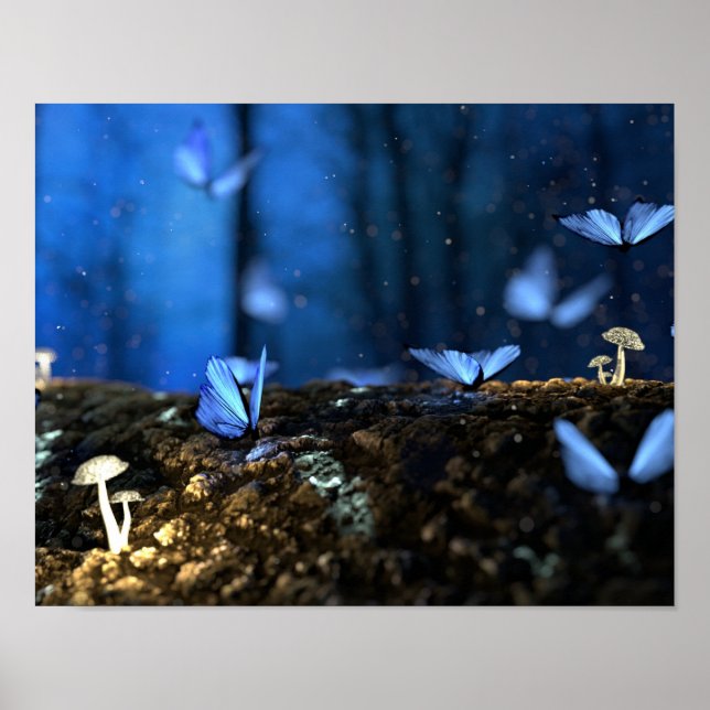 Poster Bois fée magique avec papillons et champignons (Devant)