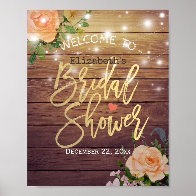 Poster Bois Floral Chaîne Lumières Fête des mariées Bienv (Devant)