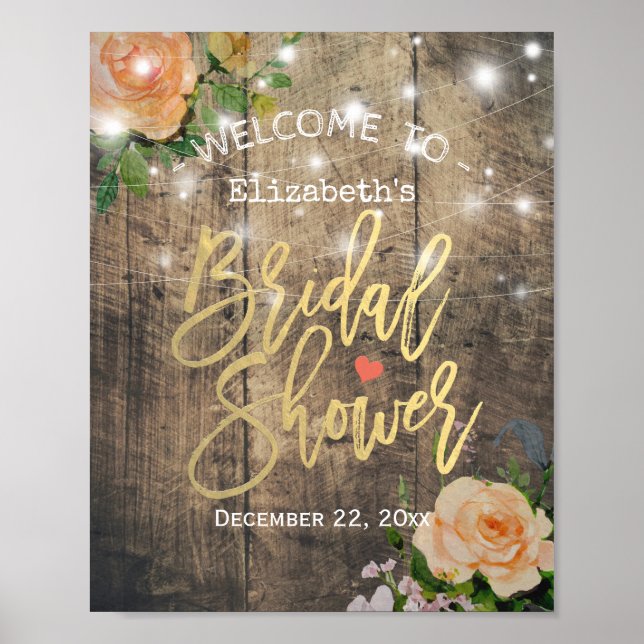 Poster Bois Floral Chaîne Lumières Fête des mariées Bienv (Devant)