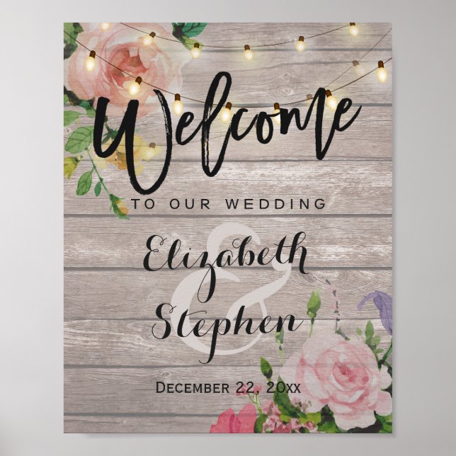 Poster Bois Floral Chaîne Lumières Mariage de bienvenue (Devant)