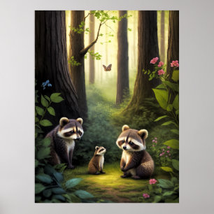 Poster Bois Forêt Animaux Raccoon Famille AI Art