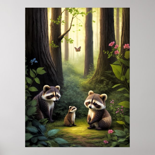 Poster Bois Forêt Animaux Raccoon Famille AI Art (Devant)