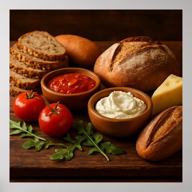 Poster Bois rustique avec fromage artisanal pains (Devant)