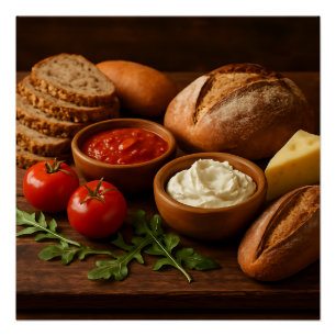 Poster Bois rustique avec fromage artisanal pains