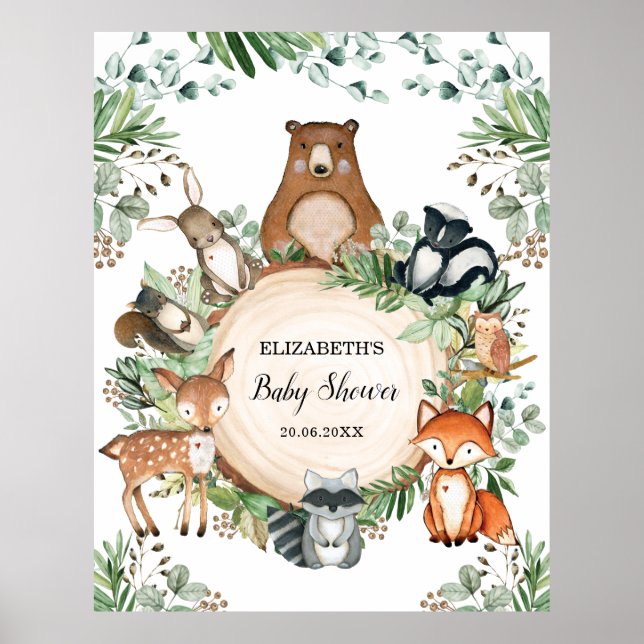 Poster Bois rustique Baby shower des animaux (Devant)