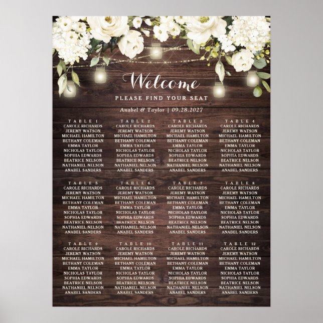 Poster Bois rustique Fleurs blanches Mariage Carte de siè (Devant)