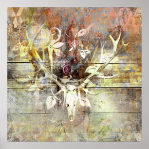 Poster Bois Rustique Floral Grain Stag Rangeurs crâne
