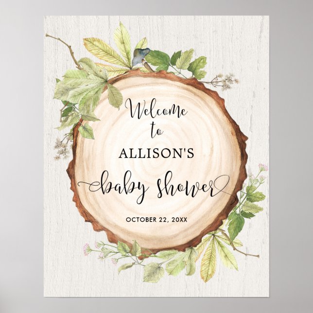 Poster Bois rustique vert baby shower signe de bienvenue (Devant)