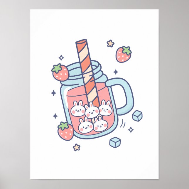 Poster Boisson de fraise Kawaii Bunny (Devant)