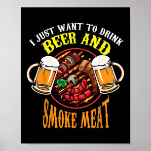 Poster Boisson Fraîche Bière Et Fumée Viande Bbq Drôle Fo