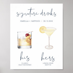 Poster Boisson signature CAITLIN Navy Watercolor Cocktail