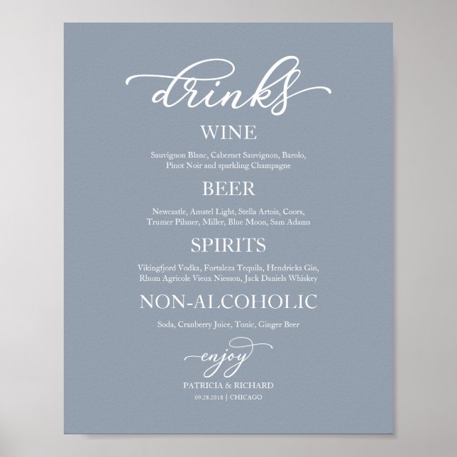 Poster Boissons Bar Élégant Dusty Blue Mariage Signal (Devant)