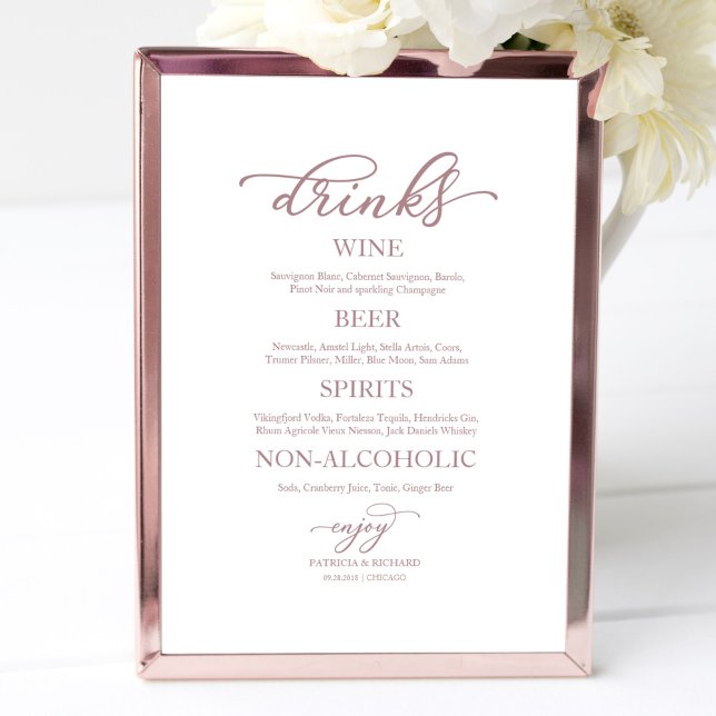 Poster Boissons Bar Rose Gold Script Mariage Signé (Créateur téléchargé)