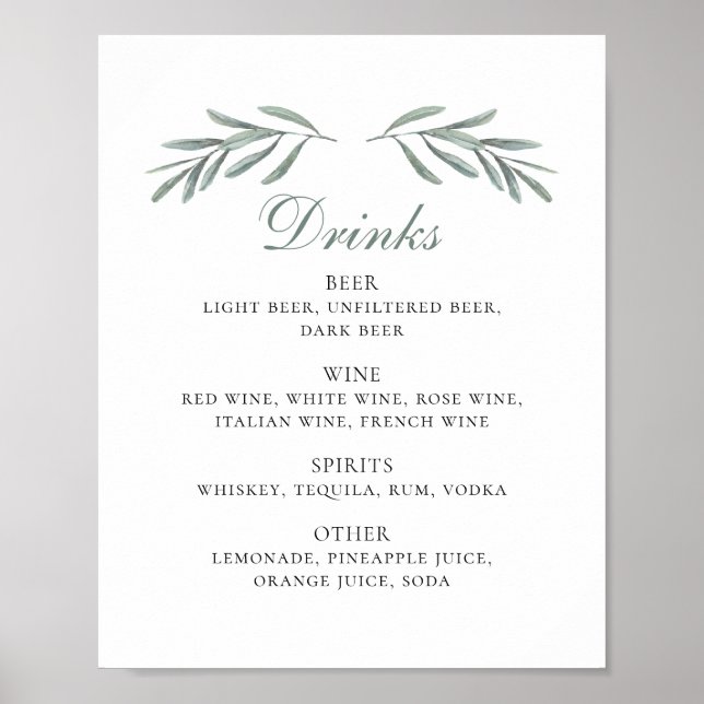 Poster Boissons d'alcool d'olive aquarelle. Mariage itali (Devant)
