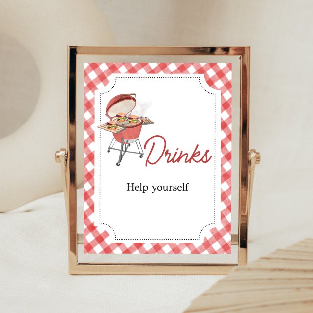 Poster Boissons de Baby shower BBQ Burger Rouge (Backyard BBQ Baby Shower Drinks Sign)