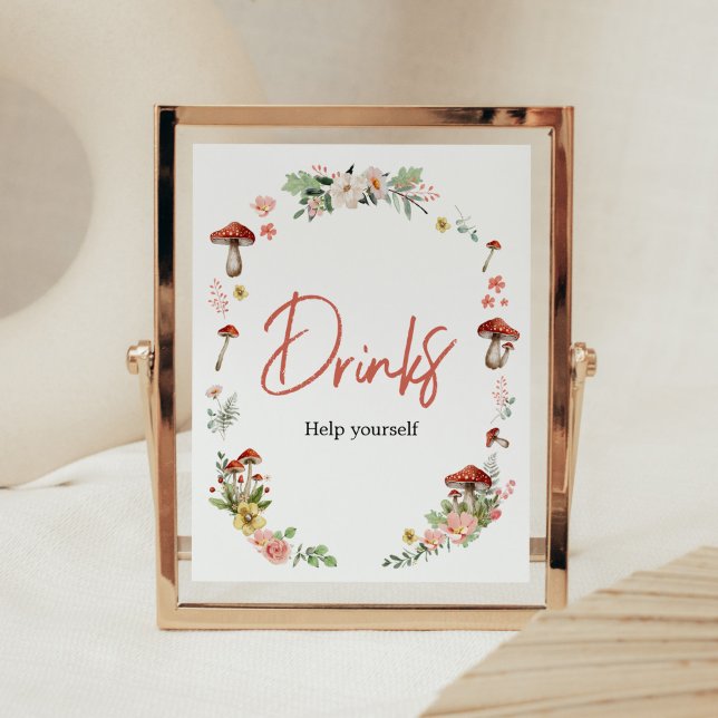Poster Boissons de Baby shower de champignons Fleurs sauv (Enchanted Mushroom Baby Shower Drinks Sign)