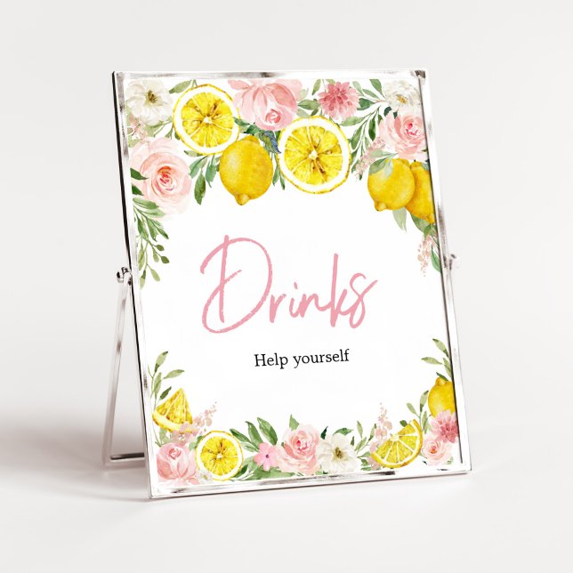 Poster Boissons de citron rose Floral (Summer Lemon Citrus Baby Shower Drinks Sign)