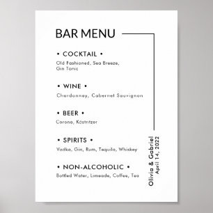 Poster Boissons de mariage. Panneau de menu de bar simple