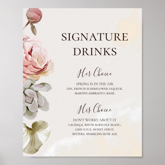 Poster Boissons de signature de l'aquarelle florale moder (Devant)