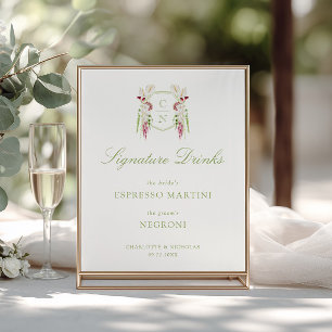 Poster Boissons de signature de mariage à monogramme flor