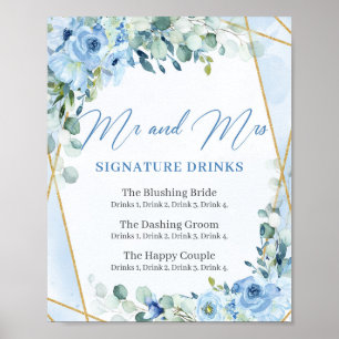 Poster Boissons de signature d'or rustique Dusty Blue Flo