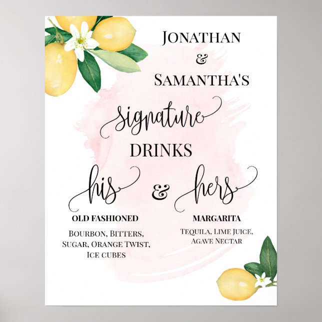 Poster Boissons de signature Réception de mariage Citrons (Devant)