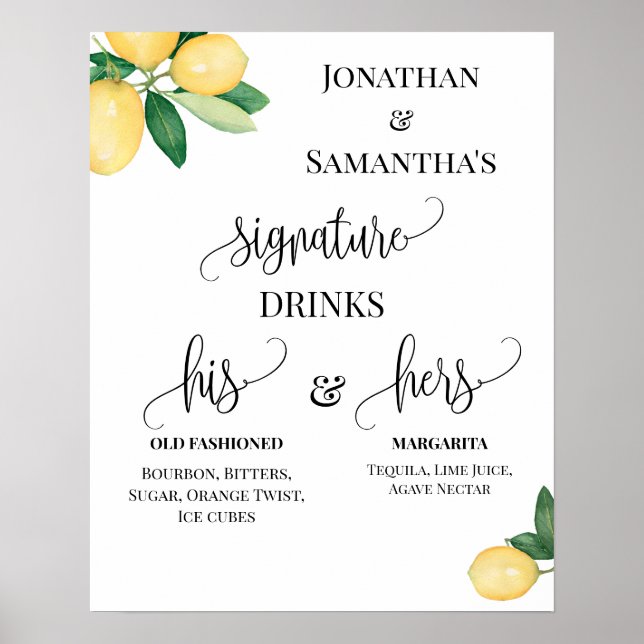Poster Boissons de signature Réception de mariage Lemons  (Devant)