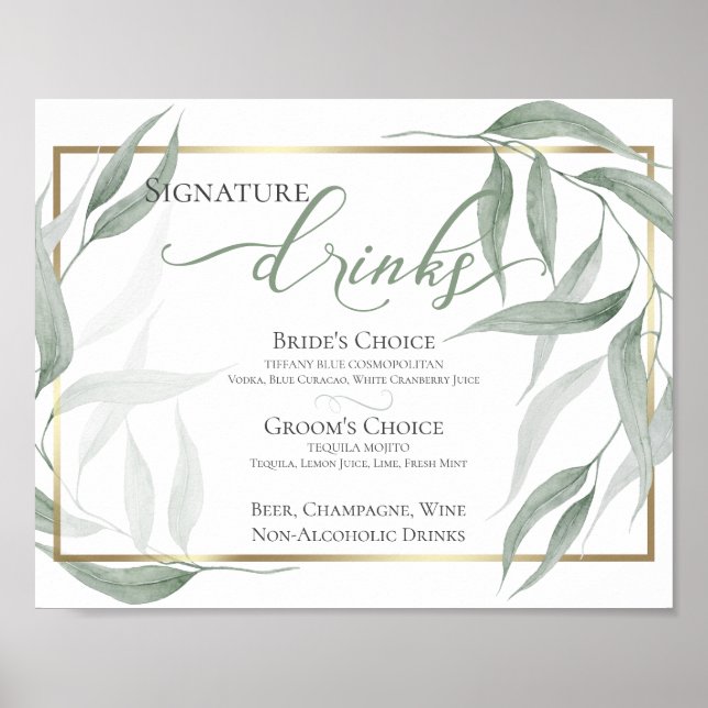Poster Boissons | Feuillage d'aquarelle vert Dusty (Devant)