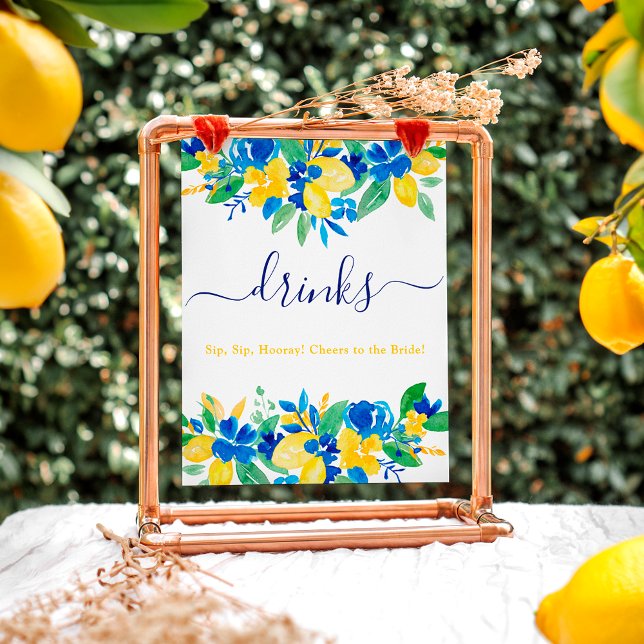 Poster Boissons florales citrons jaunes bleus douche nupt (Blue yellow lemons floral drinks bridal shower poste)