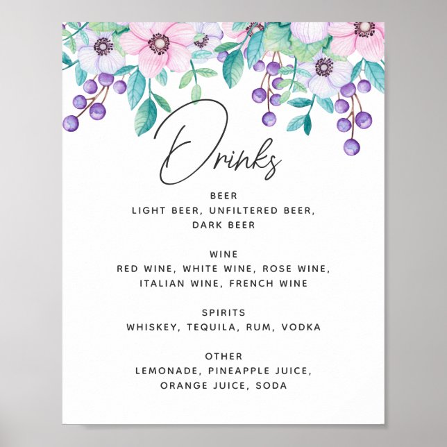 Poster Boissons mariage à l'aquarelle violet et rose (Devant)