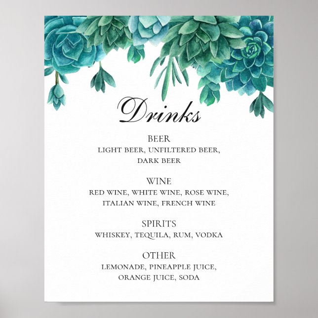 Poster Boissons mariages succulentes bleu et vert d'eau (Devant)