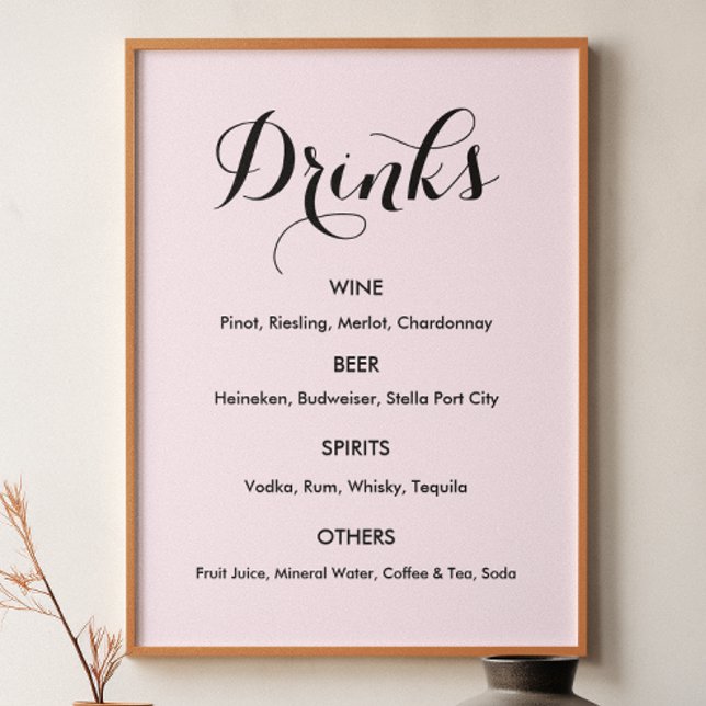 Poster Boissons Menu Mariage rose pâle (Créateur téléchargé)